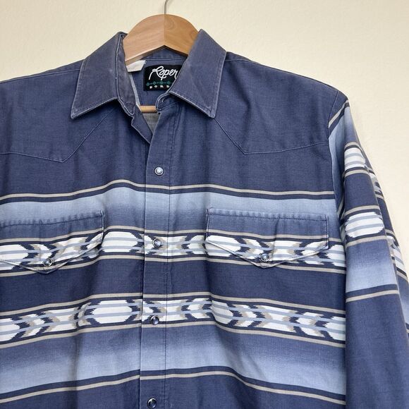 Vintage Roper Border Southwest‎ Striped Navy Blue Western Pearl Snap Shirt L USA - Picture 2 of 8